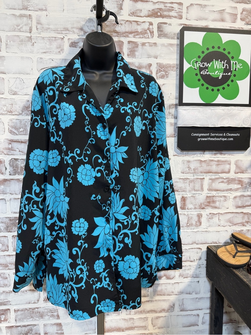 Vintage Black Button-Up Shirt with Bright Blue Floral Print